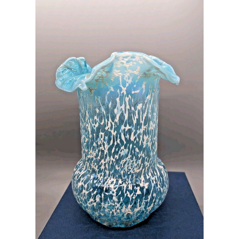 Northwood Dugan Blue Turquiose Ruffled Frit Celery Vase Victorian Vintage Glass